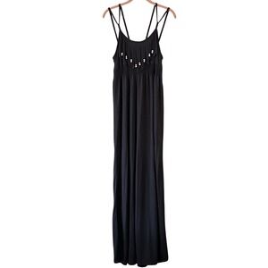 Eye Candy Womens Black Fringe Beaded Maxi Dress Smocked Waist Size L Boho Summer